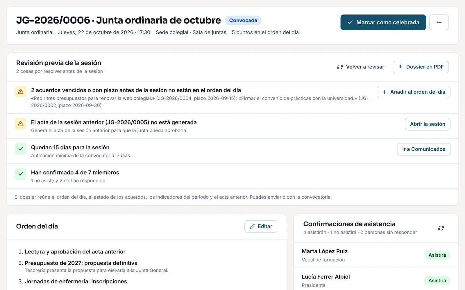 Revisión previa de la sesión: dos acuerdos vencidos fuera del orden del día, acta anterior sin generar, plazo de convocatoria y confirmaciones de asistencia, con el botón «Dossier en PDF»